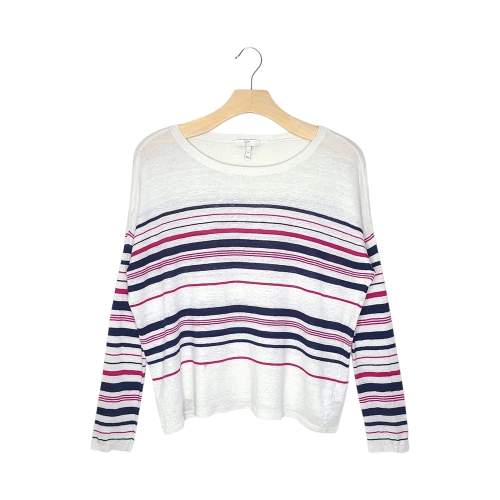 Joie White, Pink & Navy Striped Long Sleeve Linen Crew Neck Knit Sweater